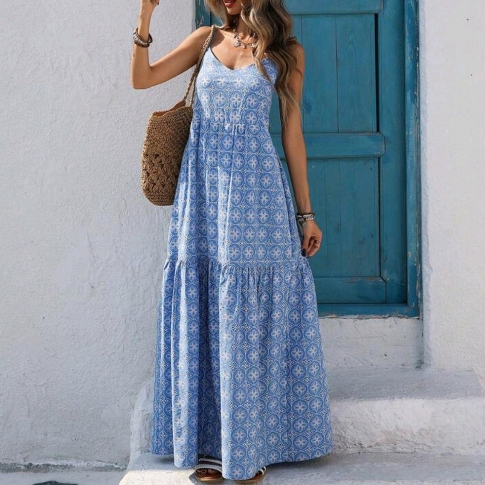 NEW Flowy Embroidered Eyelet Lace Tiered Cami Maxi Dress Blue White - Picture 2 of 9